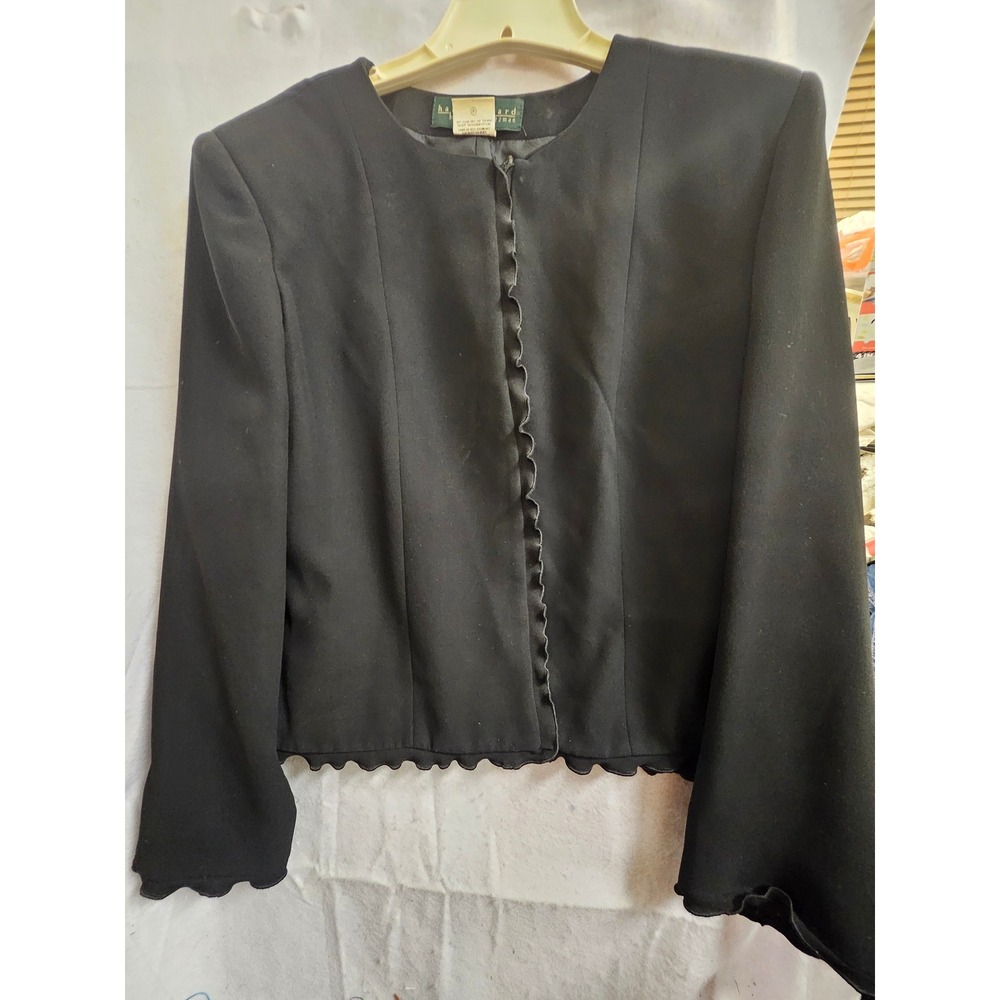 Harve Benard Benard Holtzman Black Scalloped Trim Collarless Blazer Vintage 16
